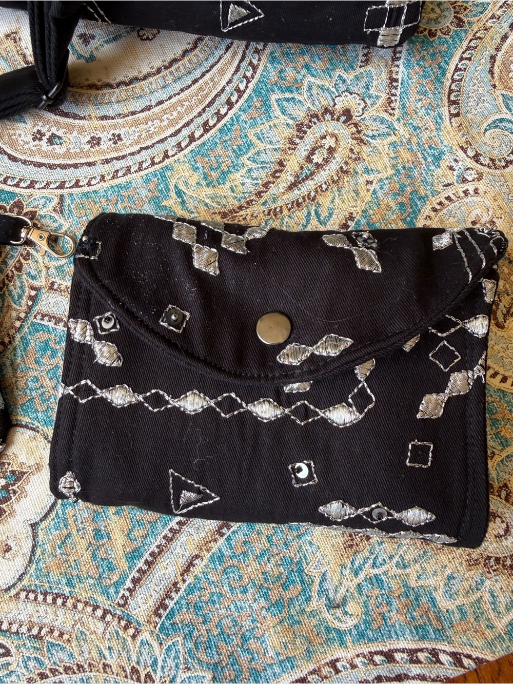 Crossbody Bag Wallet & Makeup Bag 3 Pc Set Handmade Black Silver Embroidered - Picture 2 of 12